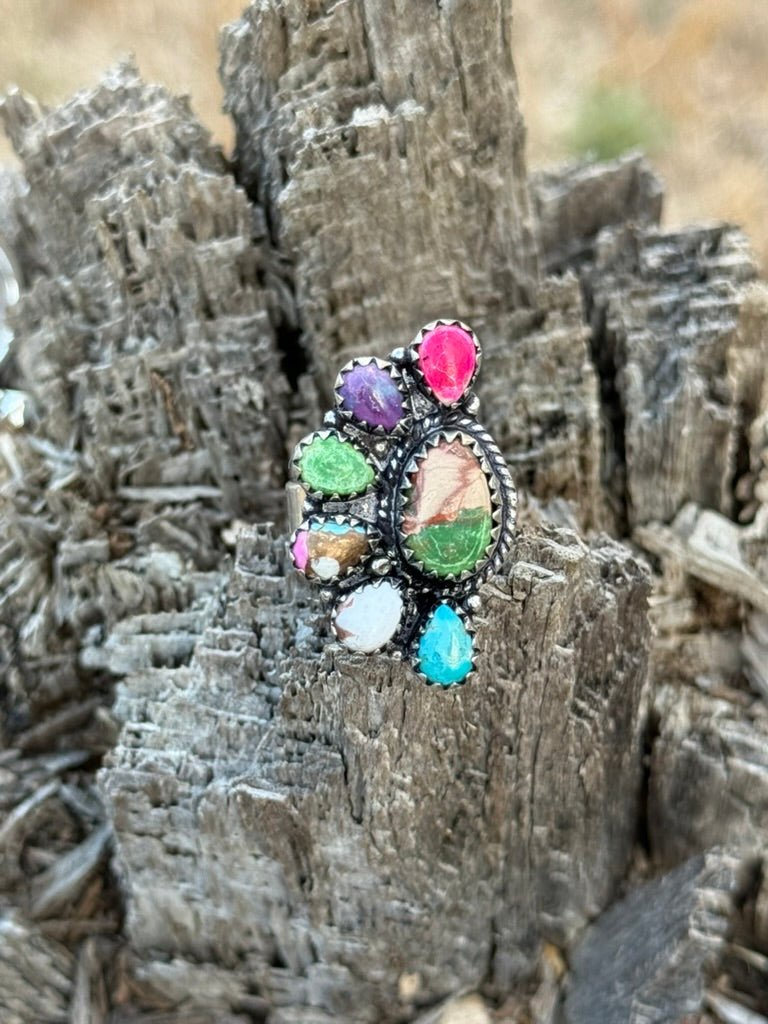 Half Cluster Turquoise Adjustable RingMixed // Green Jasp