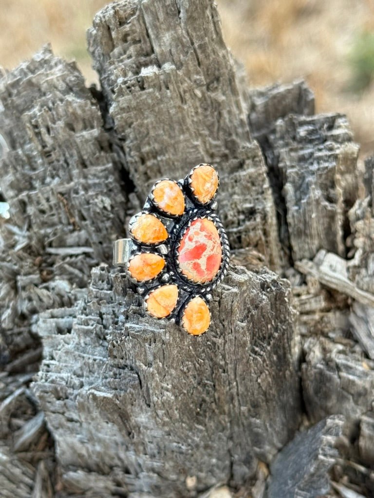 Half Cluster Turquoise Adjustable RingSpiny // Orange Jasper