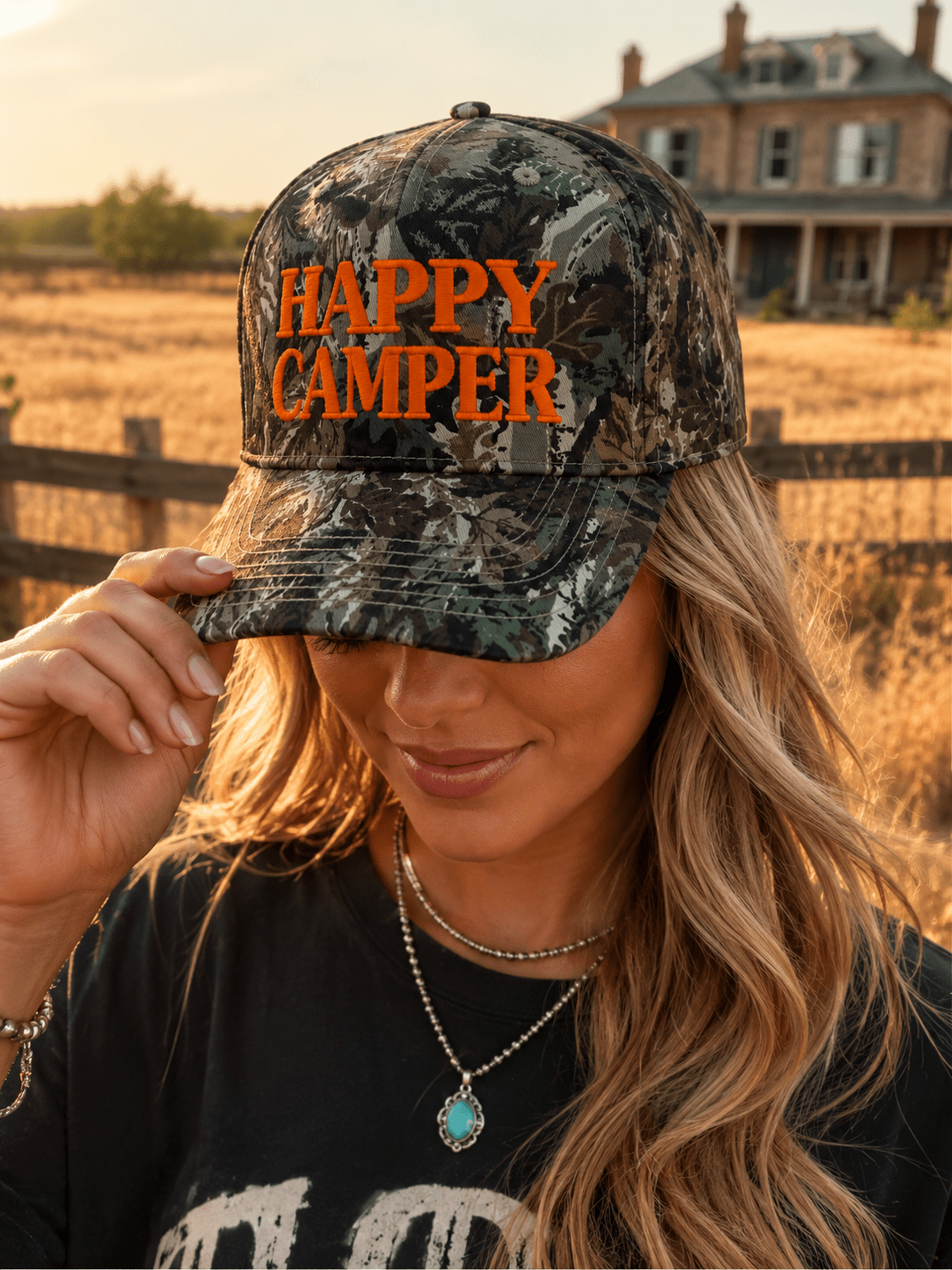 Happy Camper Tree Camo Embroidered Trucker Hat