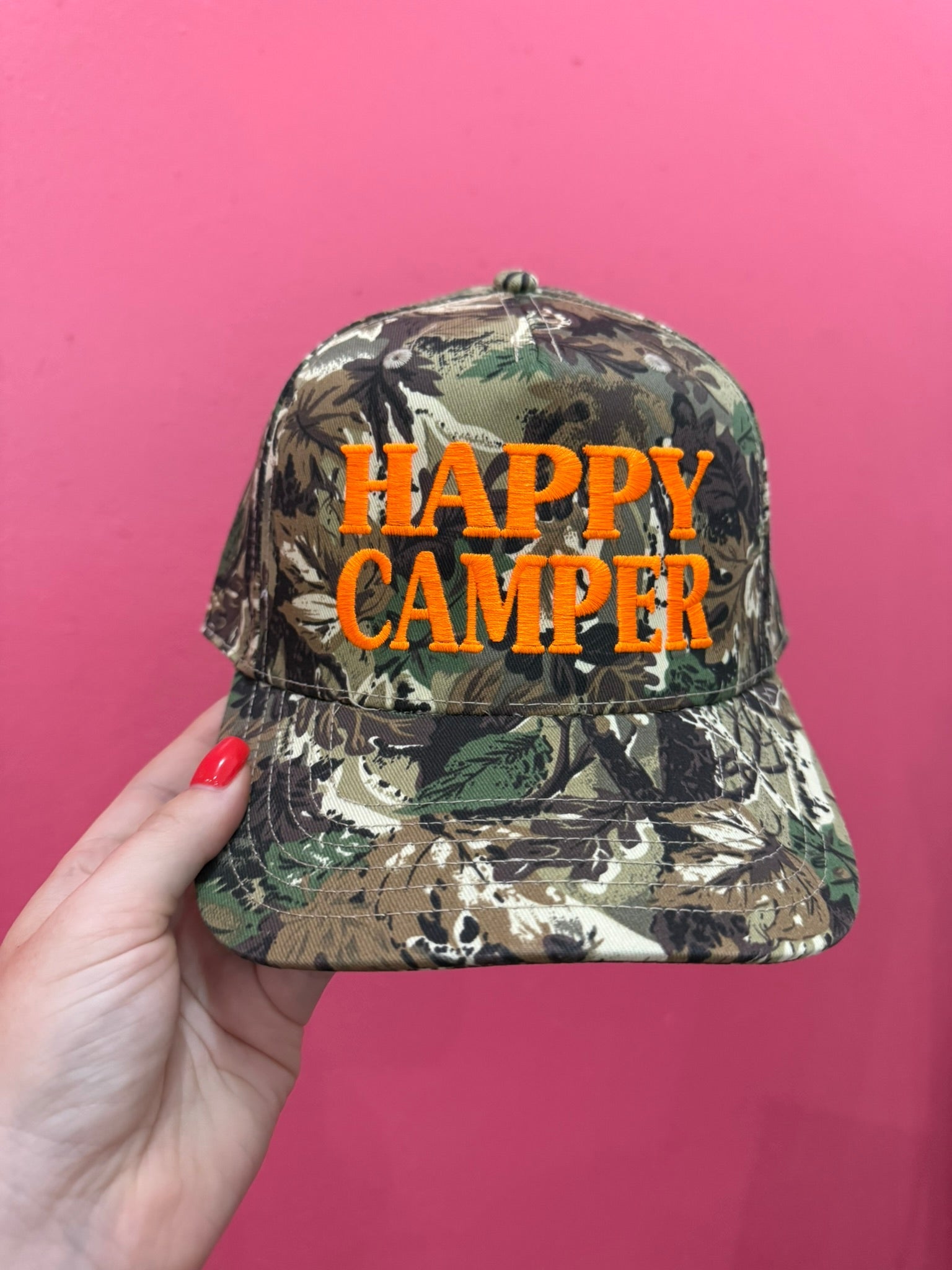 Happy Camper Tree Camo Embroidered Trucker Hat