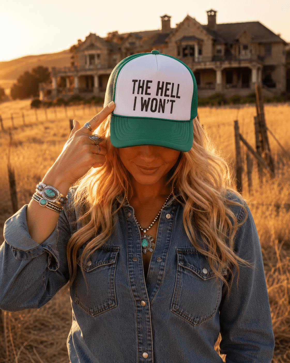 Hell I Won't Trucker HatTeal & White