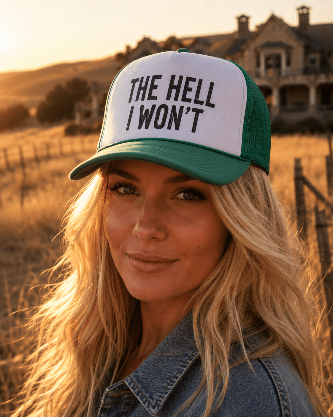 Hell I Won't Trucker HatTeal & White