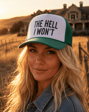 Hell I Won't Trucker HatTeal & White