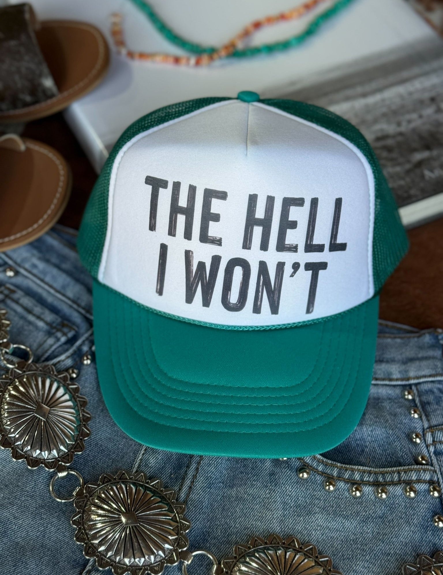 Hell I Won't Trucker HatGreen & White