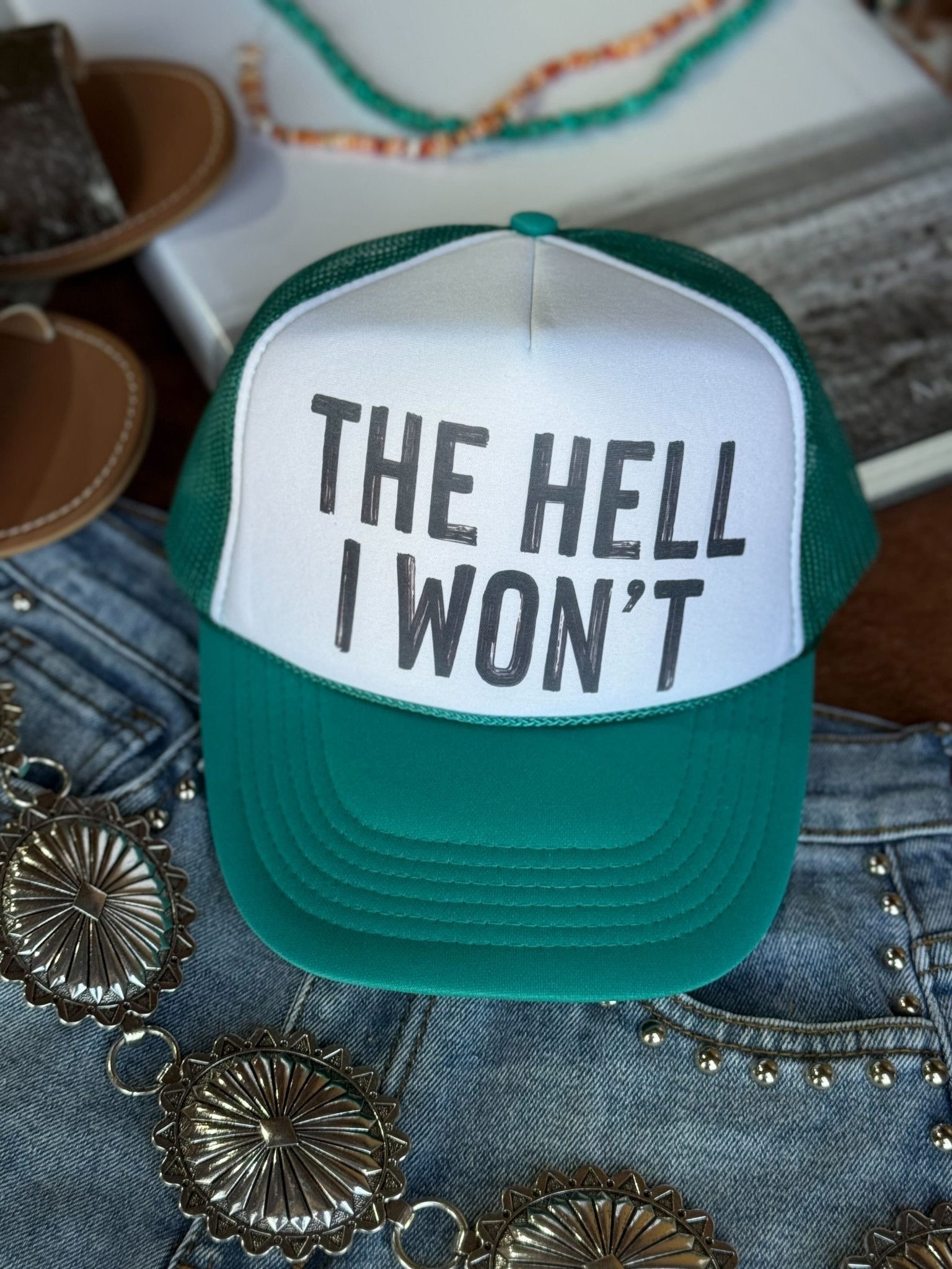 Hell I Won't Trucker HatGreen & White