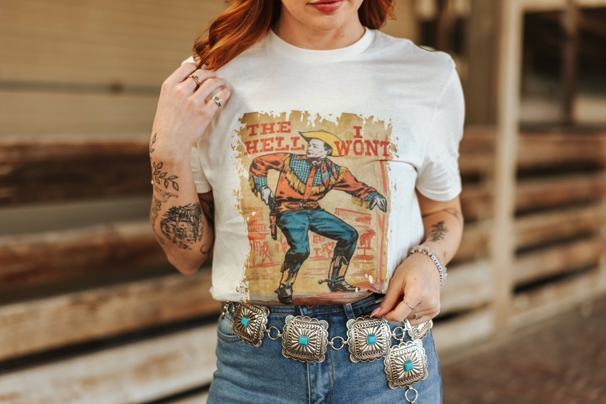 Hell I Won't Vintage Cowboy Graphic TeeNaturalS