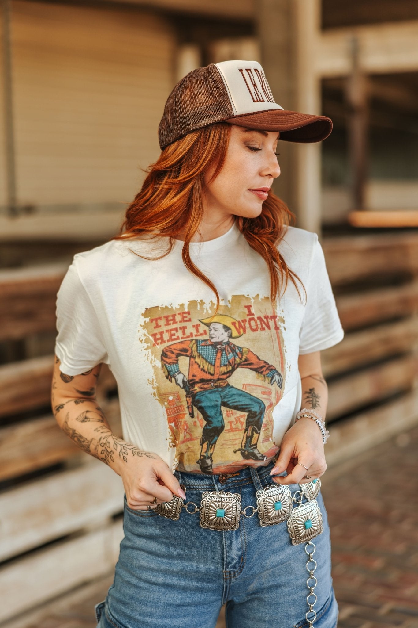 Hell I Won't Vintage Cowboy Graphic TeeNaturalS