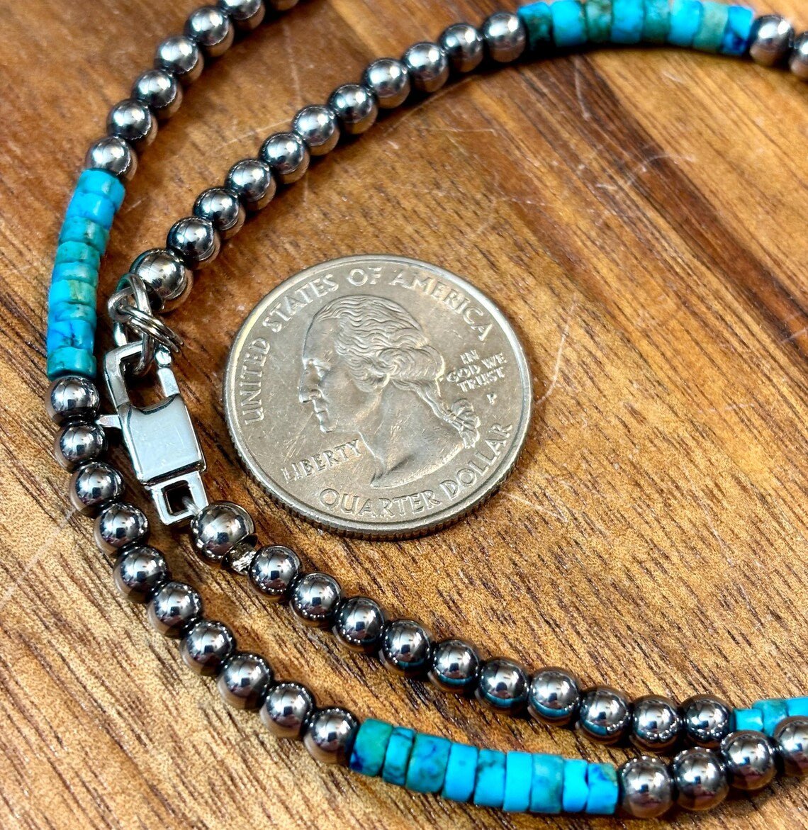 Hematite Blue Turquoise Heishi Necklace