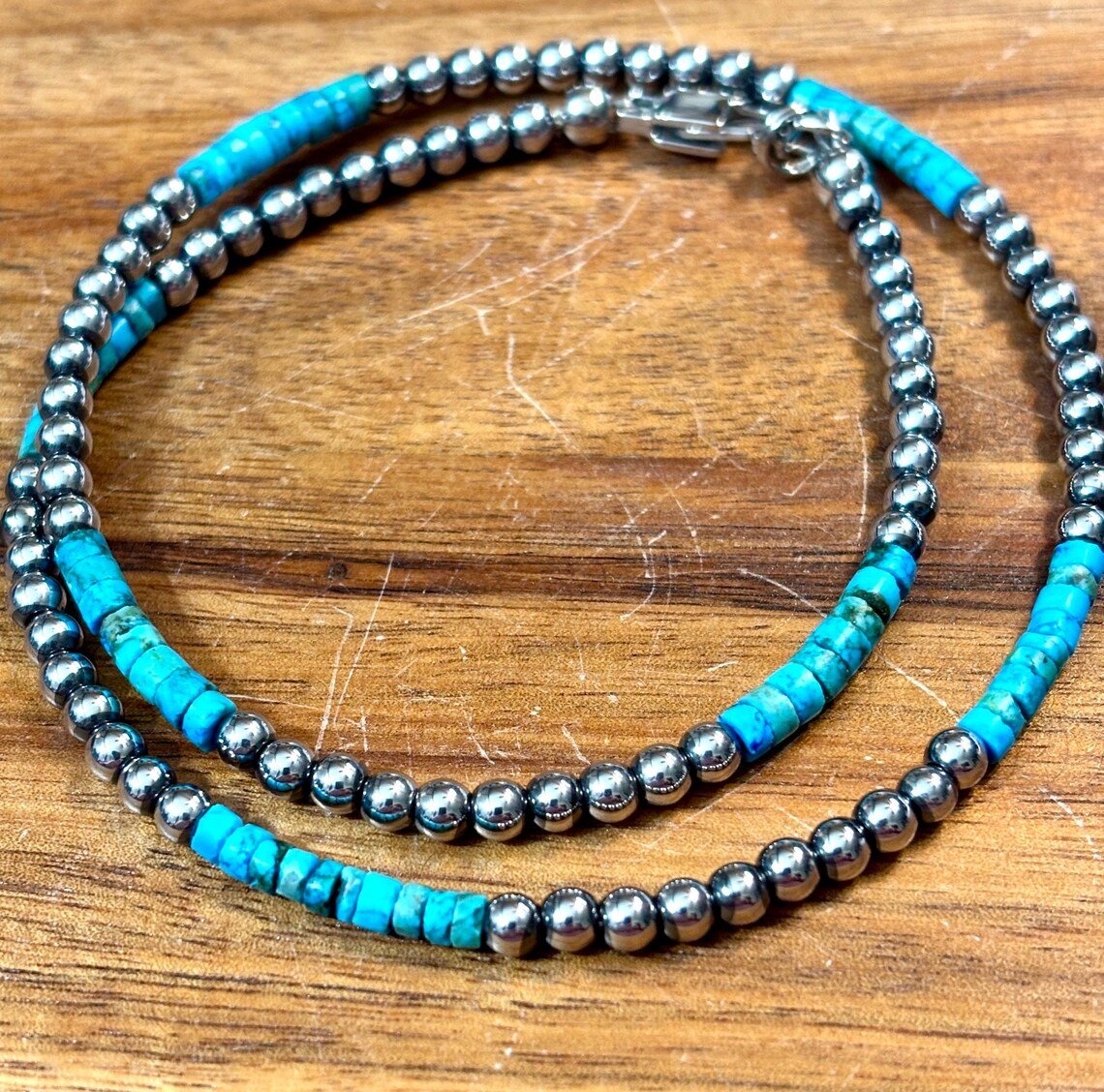 Hematite Blue Turquoise Heishi Necklace