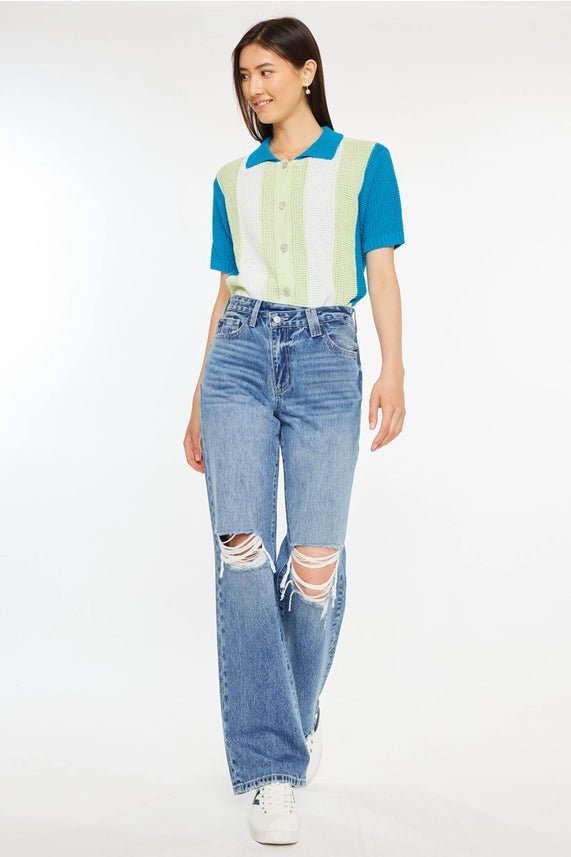 High-Rise Criss Cross Straight Distressed Jeans1