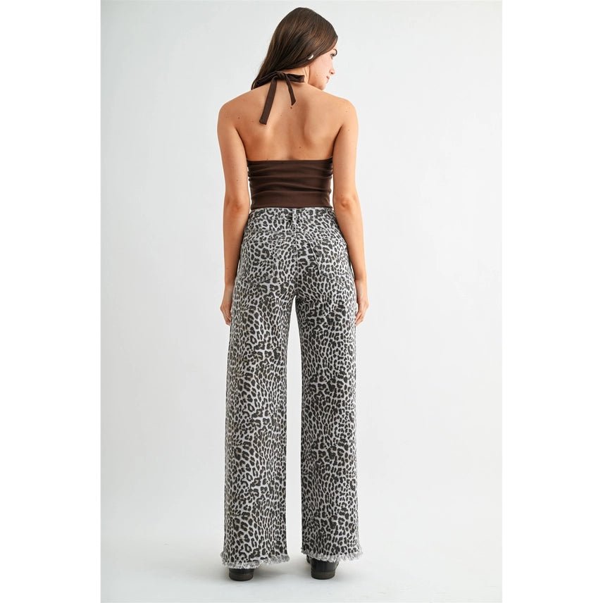 High-Rise Leopard Wide Leg Frayed Hem Pants24
