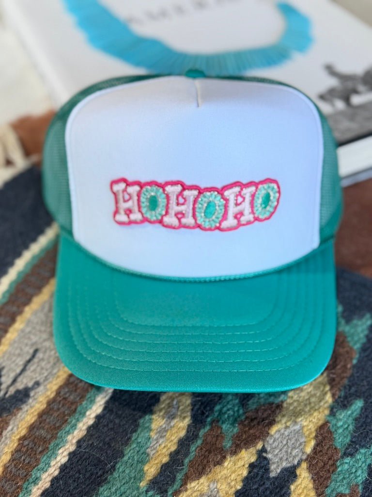 Ho Ho Ho Christmas Glitter Patch Trucker HatTeal & White