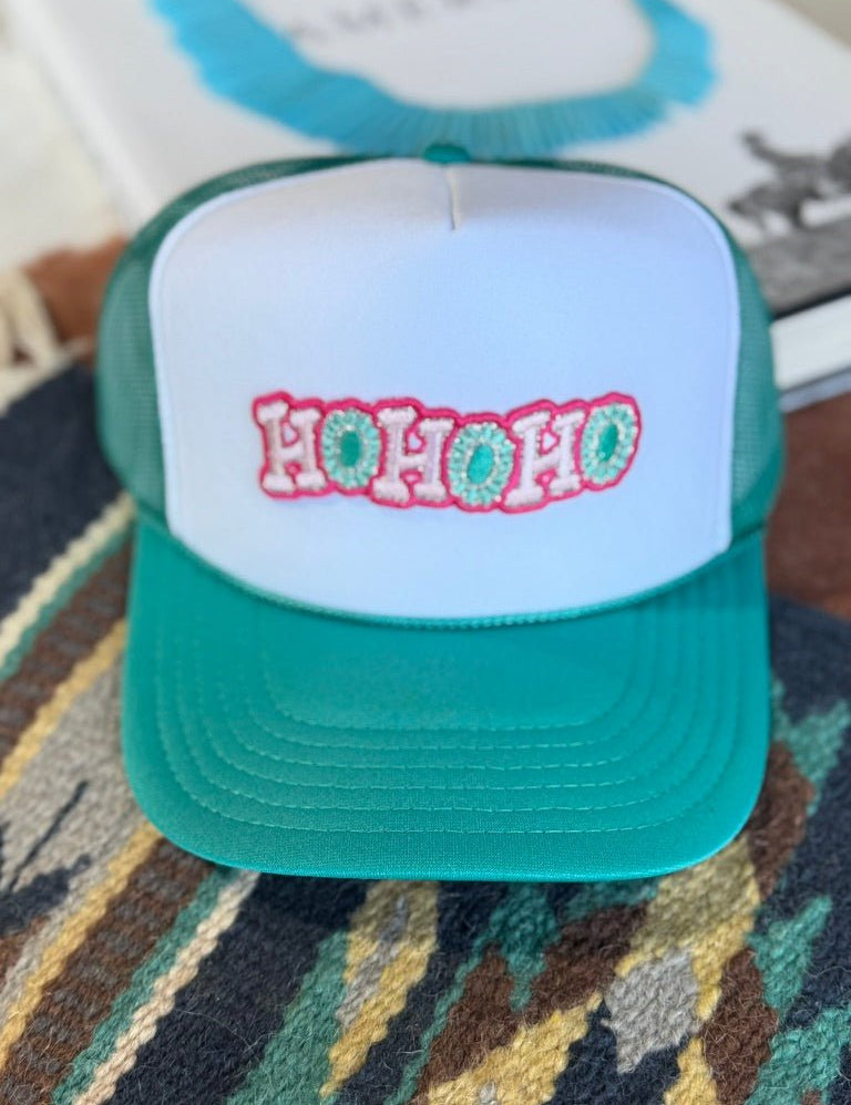 Ho Ho Ho Christmas Glitter Patch Trucker HatTeal & White