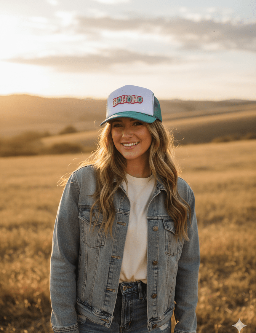 Ho Ho Ho Christmas Glitter Patch Trucker HatTeal & White