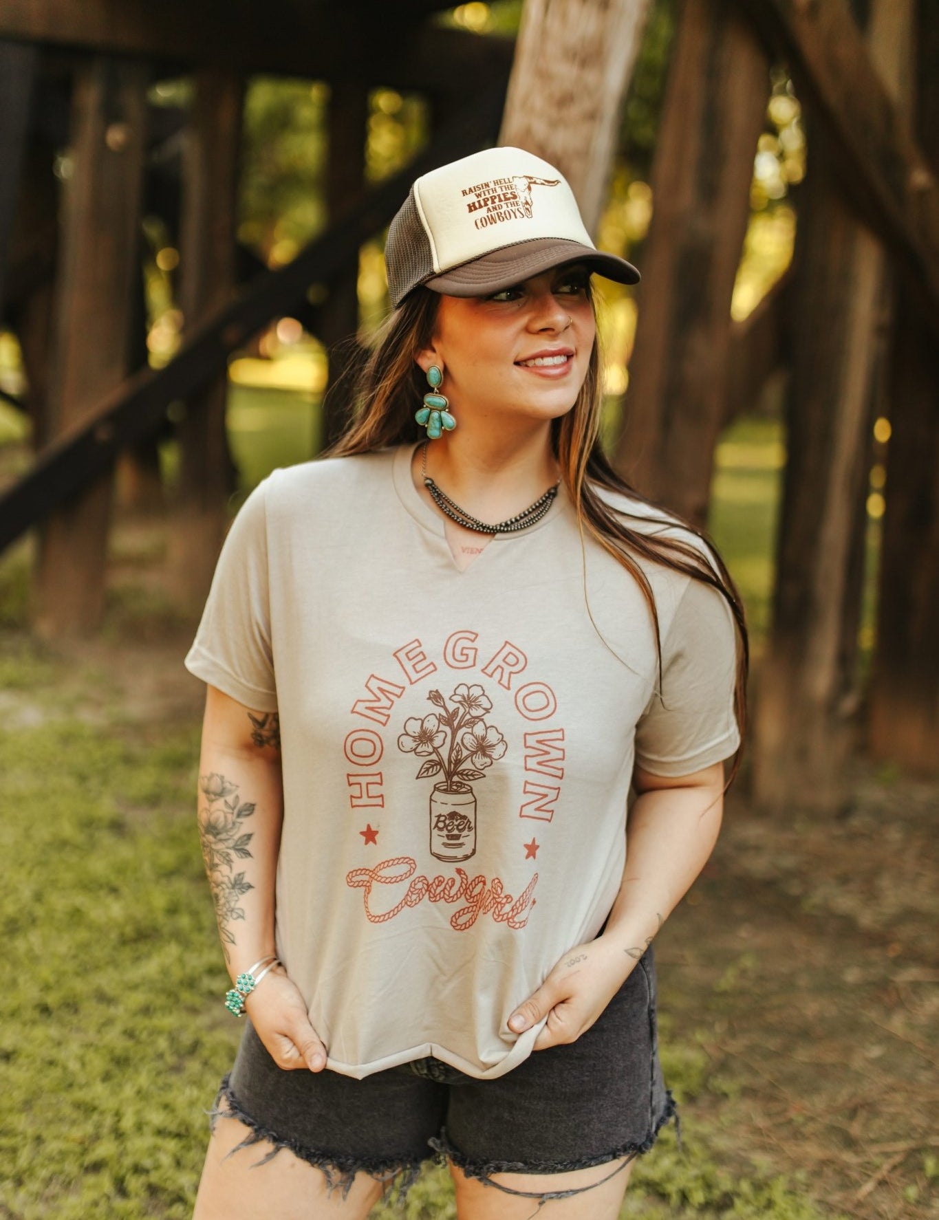 Homegrown Cowgirl Raw V - neck Graphic TeeTanS