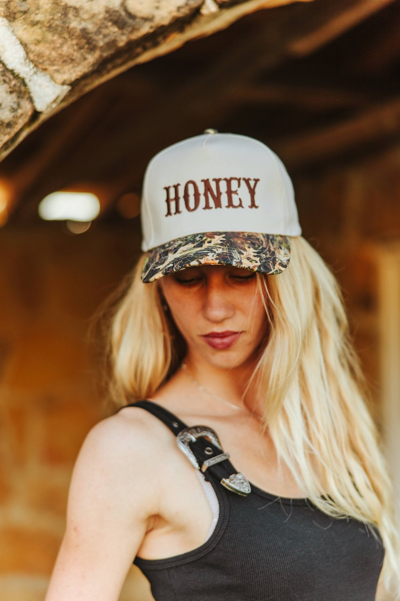 Honey Embroidered Tree Camo Trucker Hat