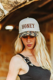 Honey Embroidered Tree Camo Trucker Hat