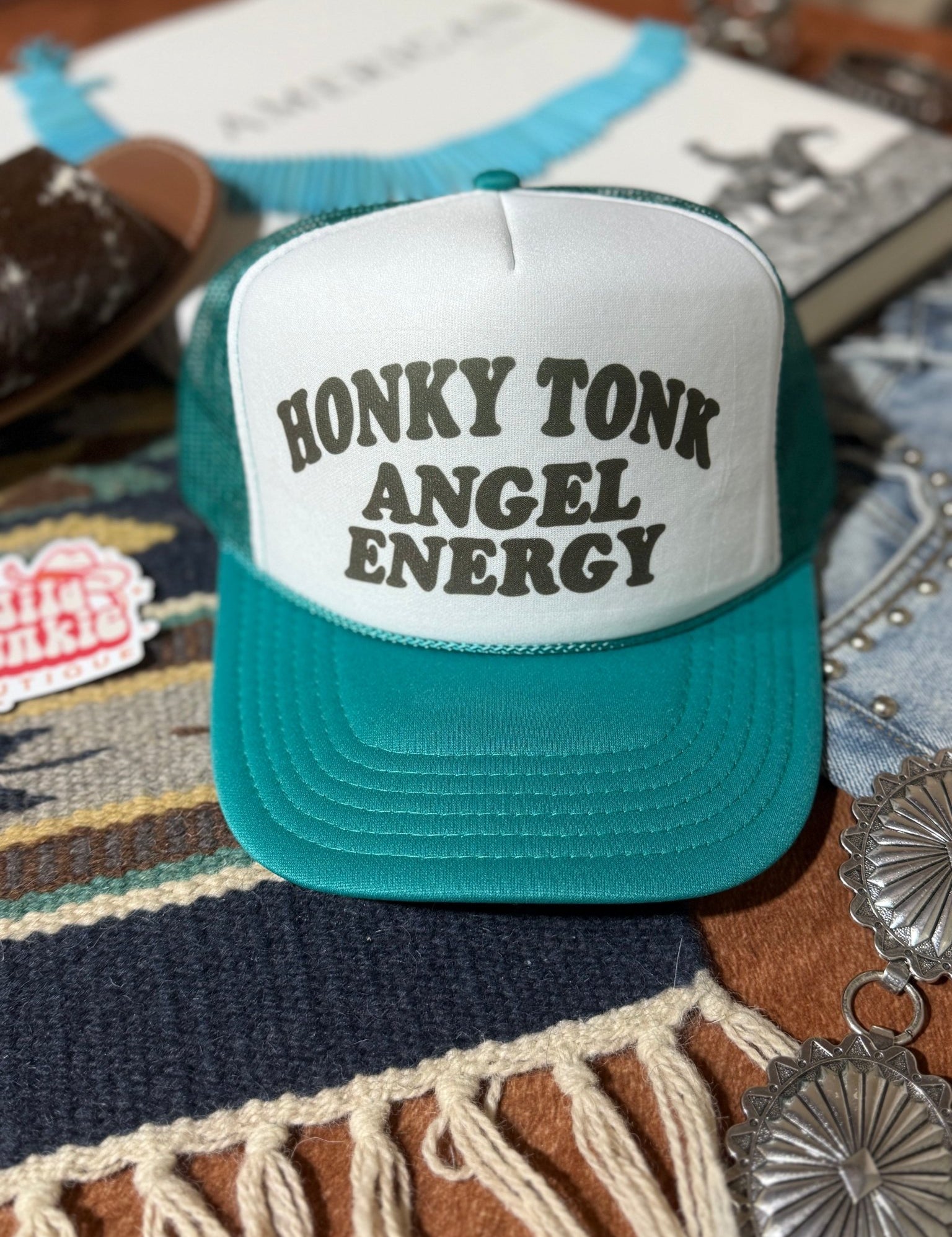 Honky Tonk Angel Energy Trucker HatTeal & White