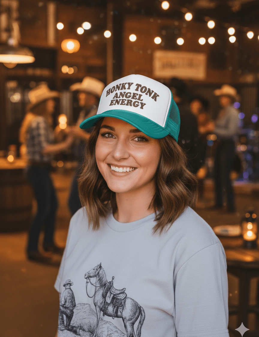 Honky Tonk Angel Energy Trucker HatTeal & White