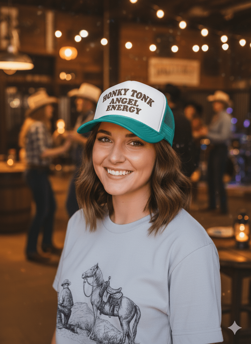 Honky Tonk Angel Energy Trucker HatTeal & White