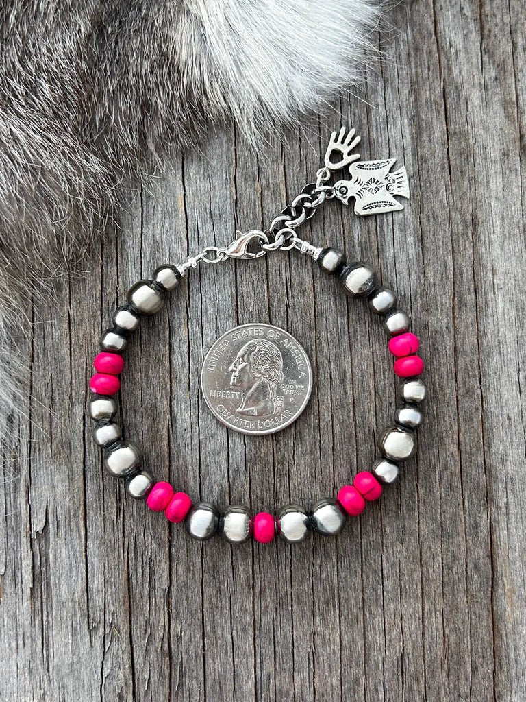 Hot Pink Silver Bead Bracelet