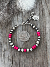 Hot Pink Silver Bead Bracelet