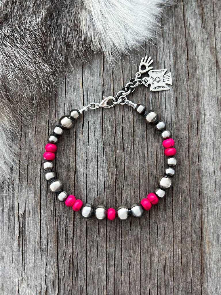 Hot Pink Silver Bead Bracelet