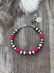 Hot Pink Silver Bead Bracelet