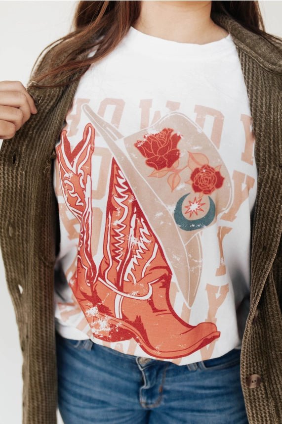 Howdy Cowboy Boot & Roses Graphic TeeS