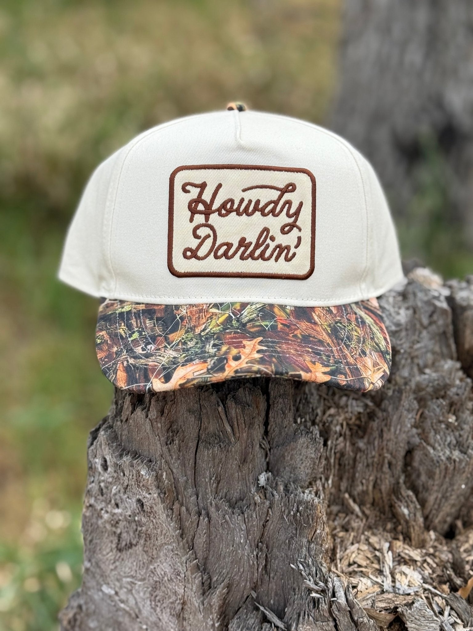 Howdy Darlin&#39; Embroidered Tree Camo Trucker Hat