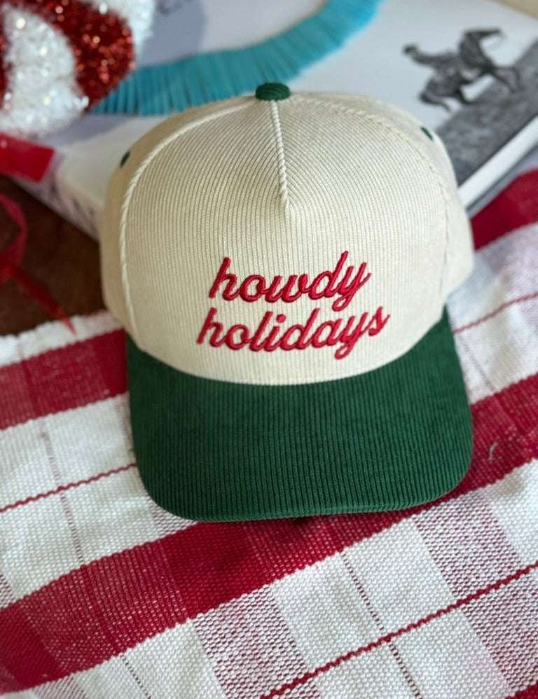 Howdy Holidays Corduroy Embroidered Green Trucker Hat
