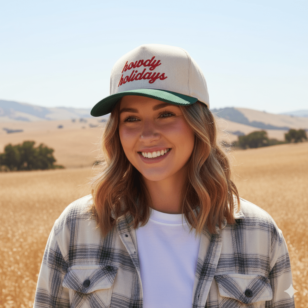 Howdy Holidays Corduroy Embroidered Green Trucker Hat