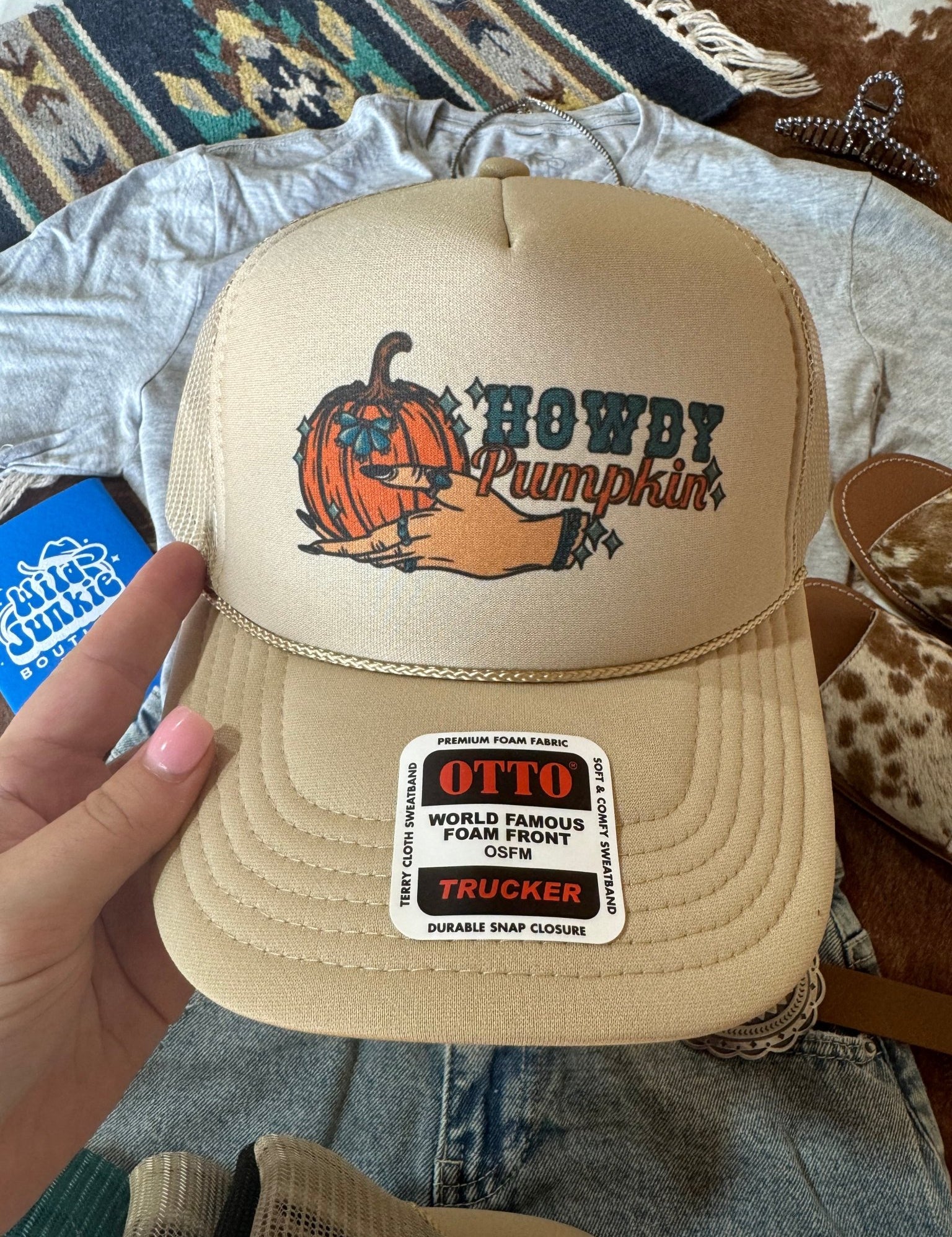 Howdy Pumpkin Turquoise Trucker HatMulti