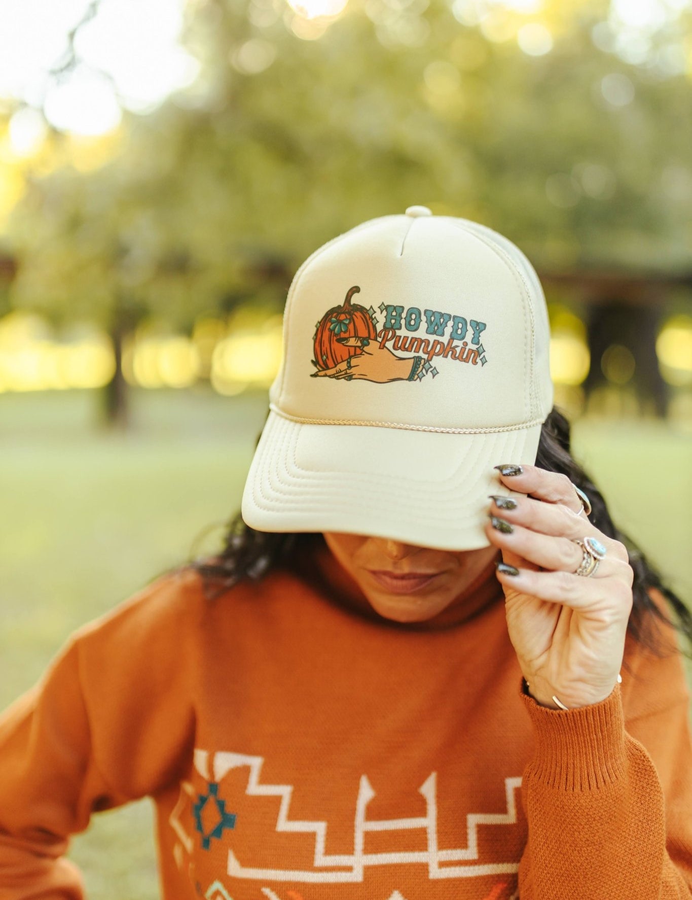 Howdy Pumpkin Turquoise Trucker HatTan