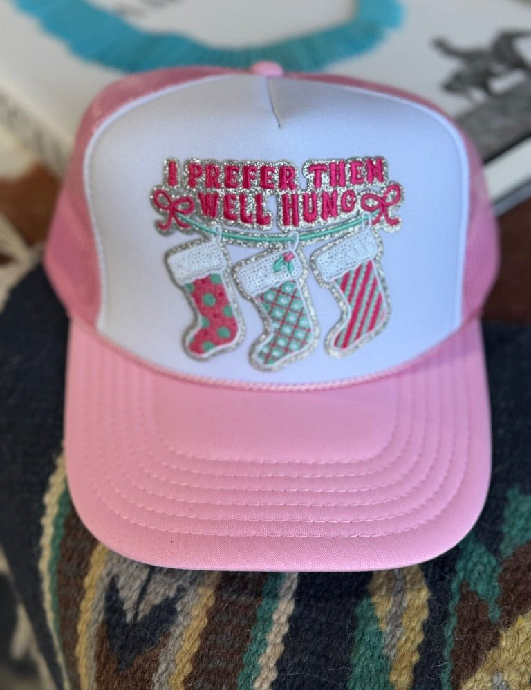 I Prefer Them Well Hung Sequin Patch Trucker HatPink & White