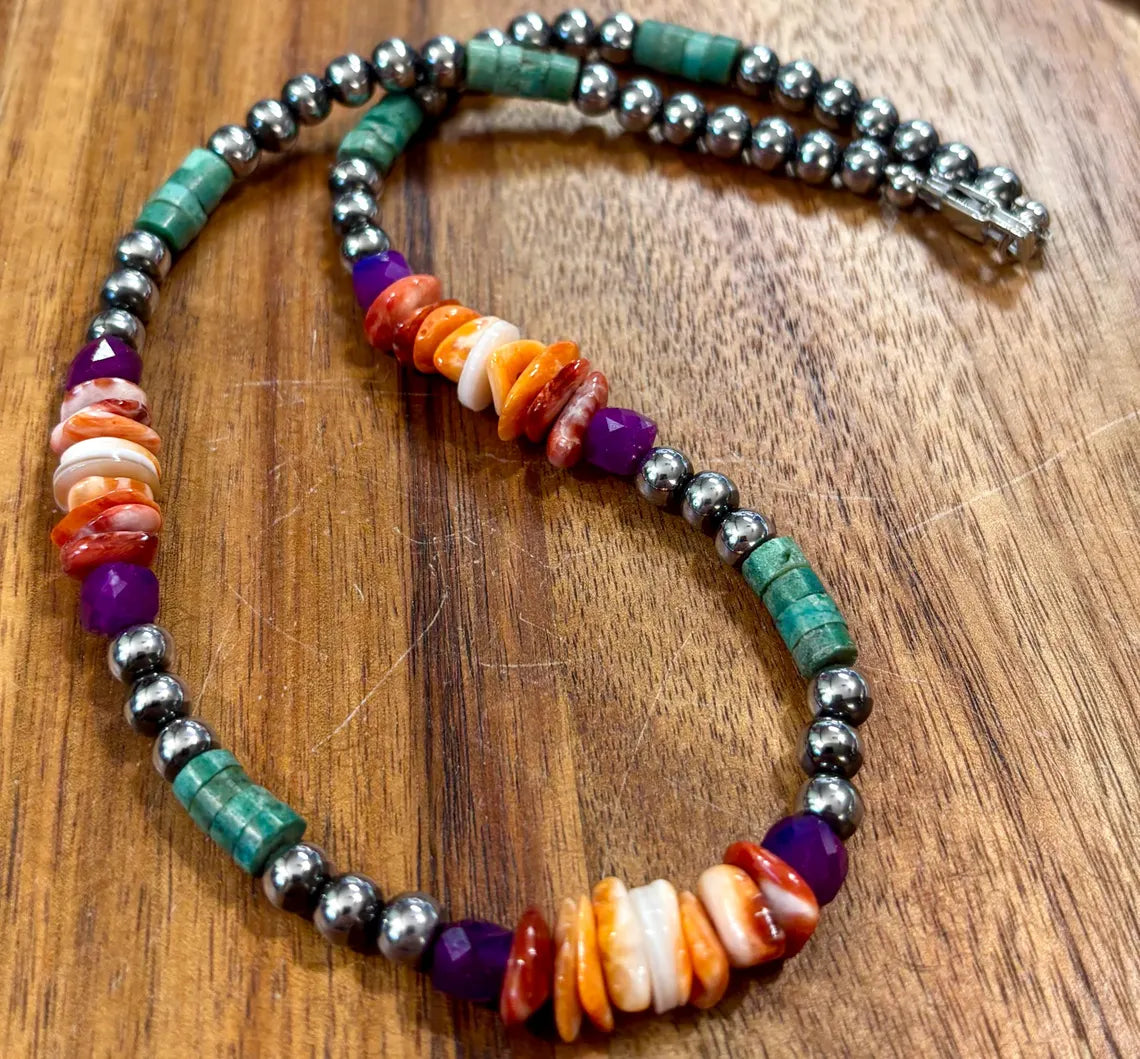 Turquoise & Spiny Oyster Hematite Beaded Necklace