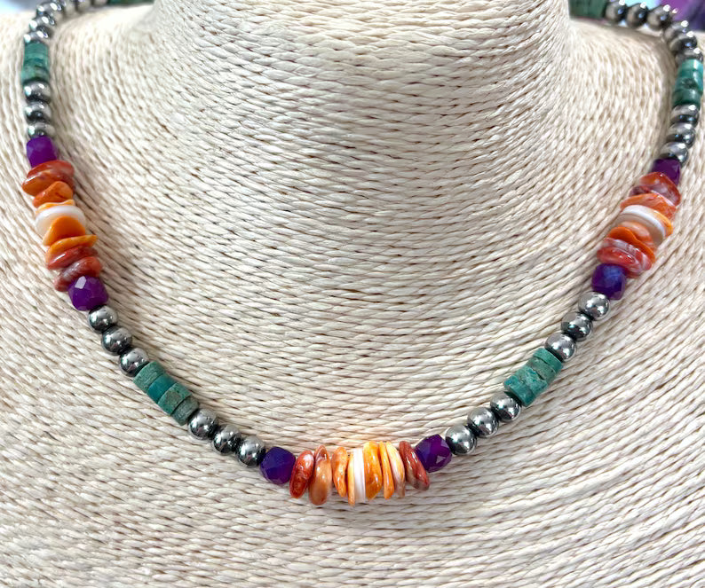 Turquoise & Spiny Oyster Hematite Beaded Necklace
