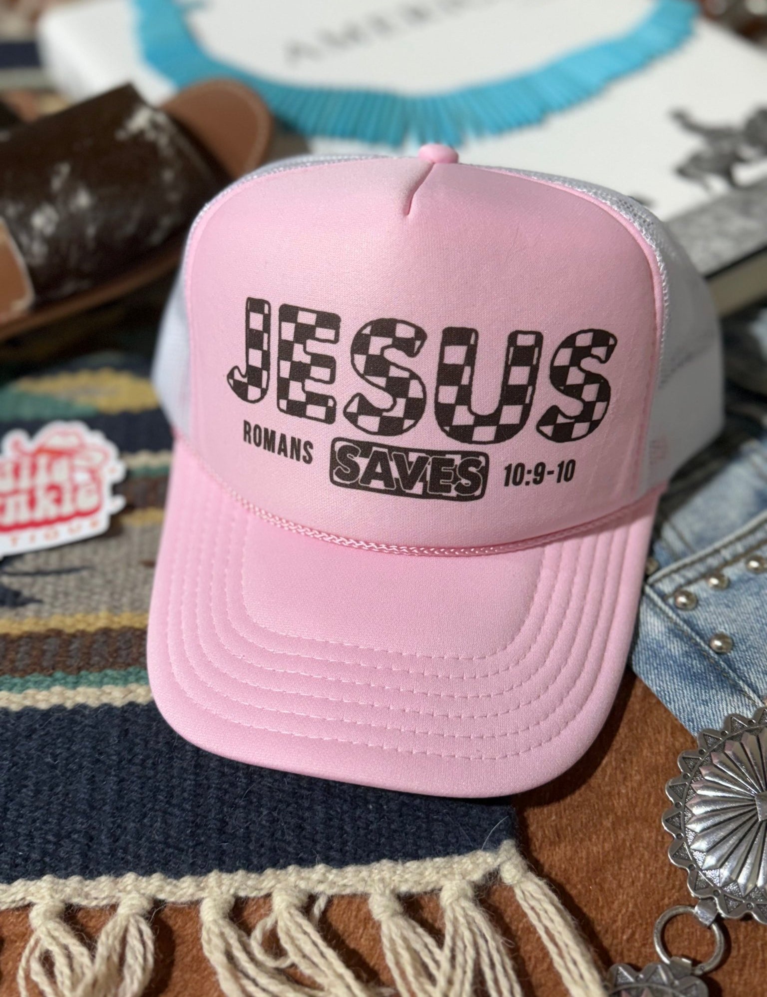 Jesus Saves Trucker HatPink & White