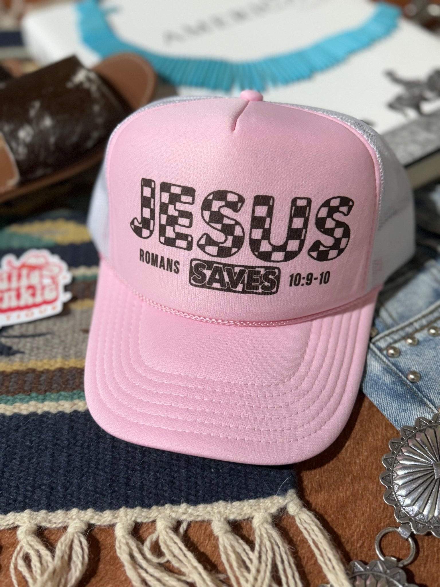 Jesus Saves Trucker HatPink & White