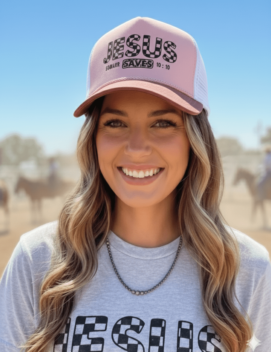 Jesus Saves Trucker HatPink & White