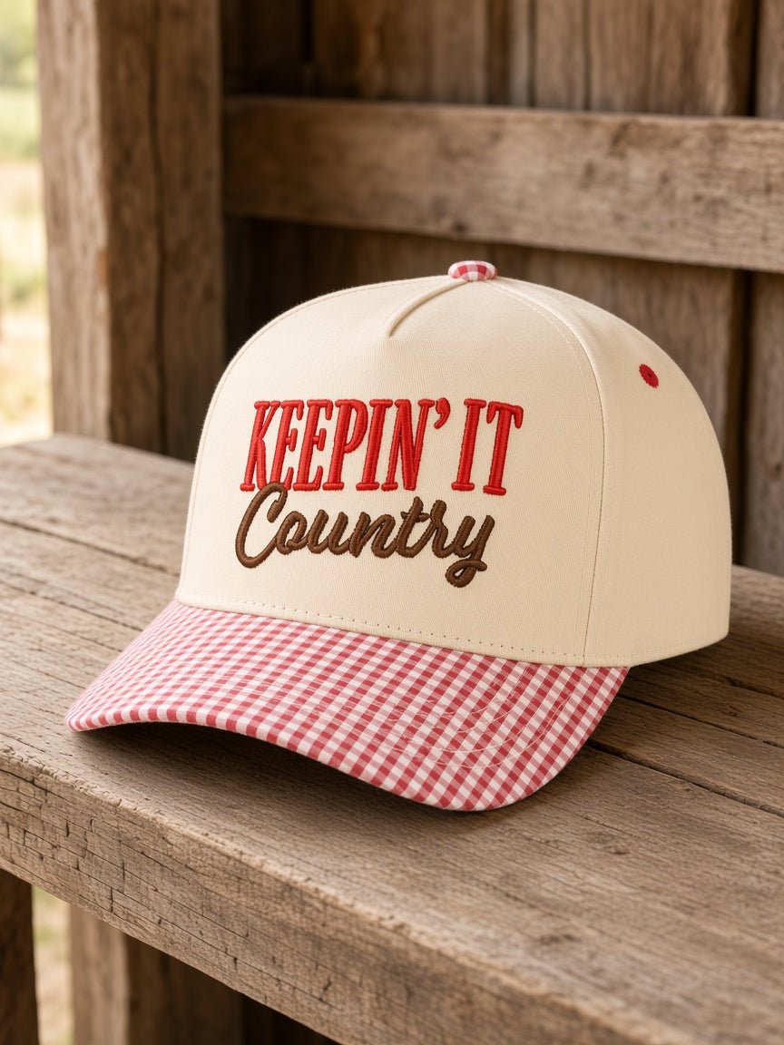 Keepin' It Country Embroidered Gingham Trucker Hat