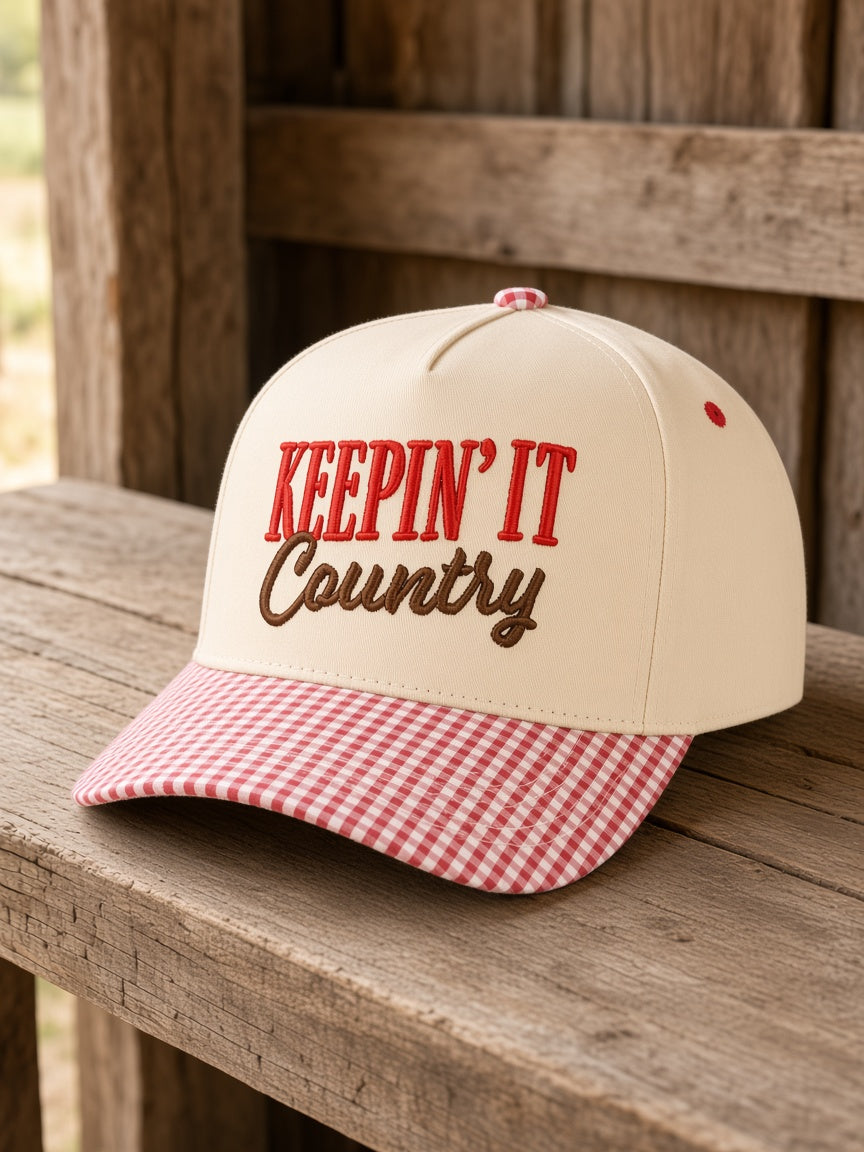 Keepin' It Country embroidered gingham brim trucker hat on rustic wood