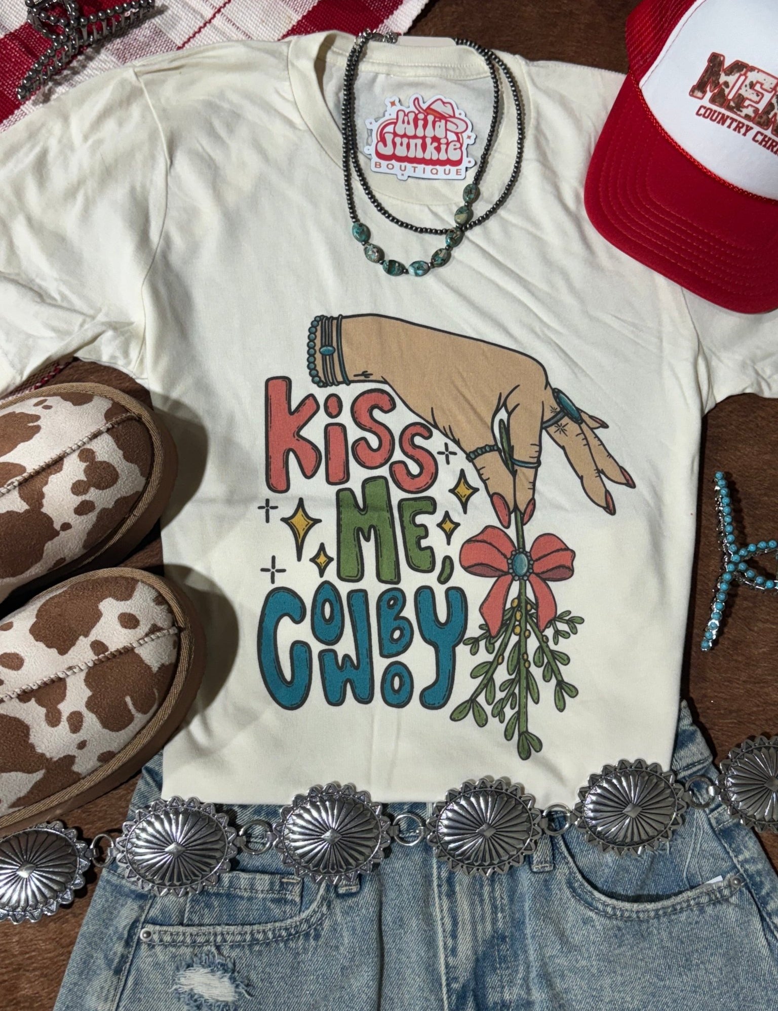 Kiss Me Cowboy Mistletoe Graphic TeeNaturalS
