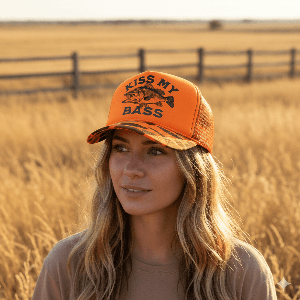 Kiss My Bass Orange Camo Trucker Hat