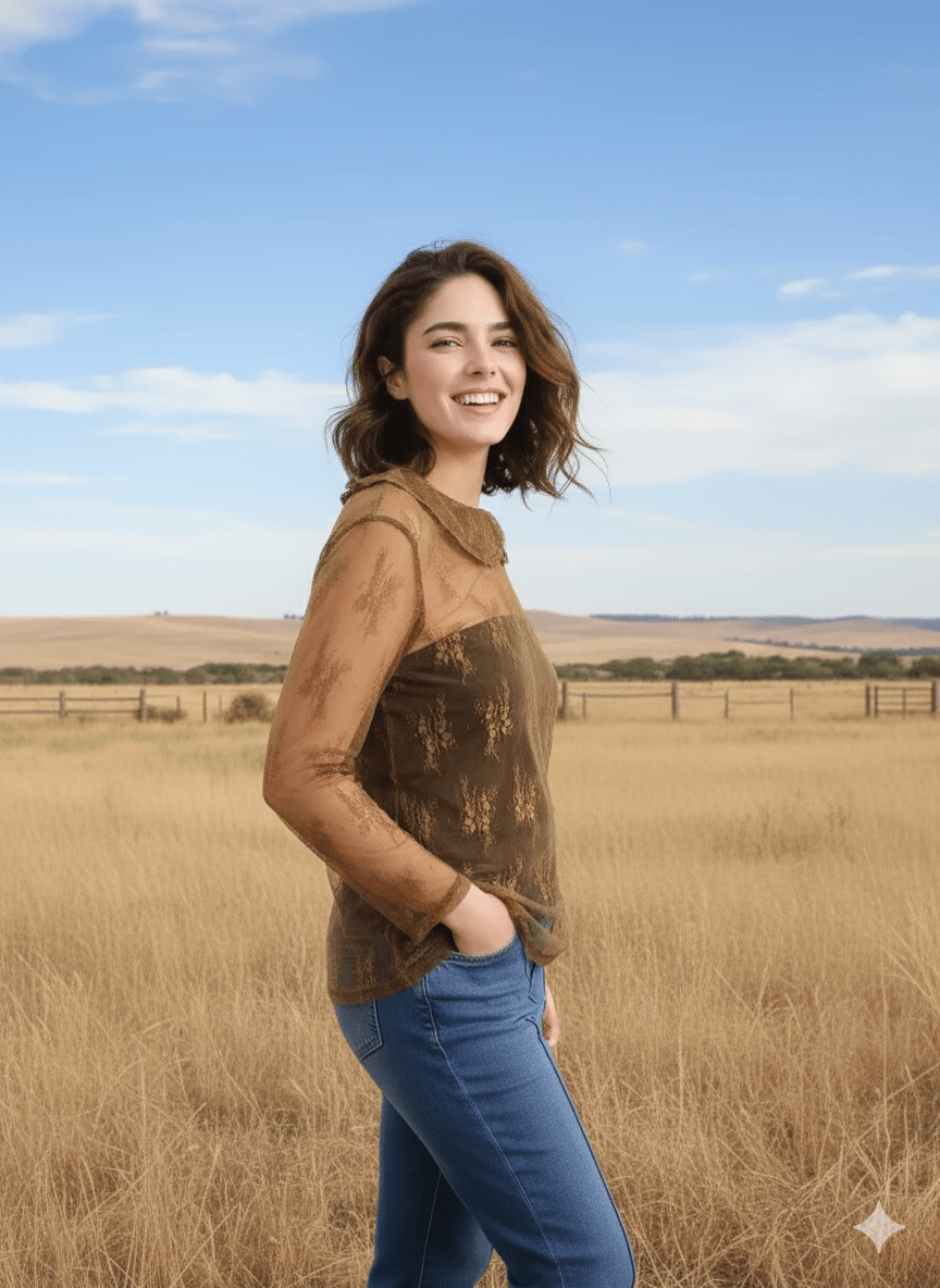 Lace Mesh Long Sleeve Brown Collared TopS