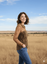 Lace Mesh Long Sleeve Brown Collared TopS