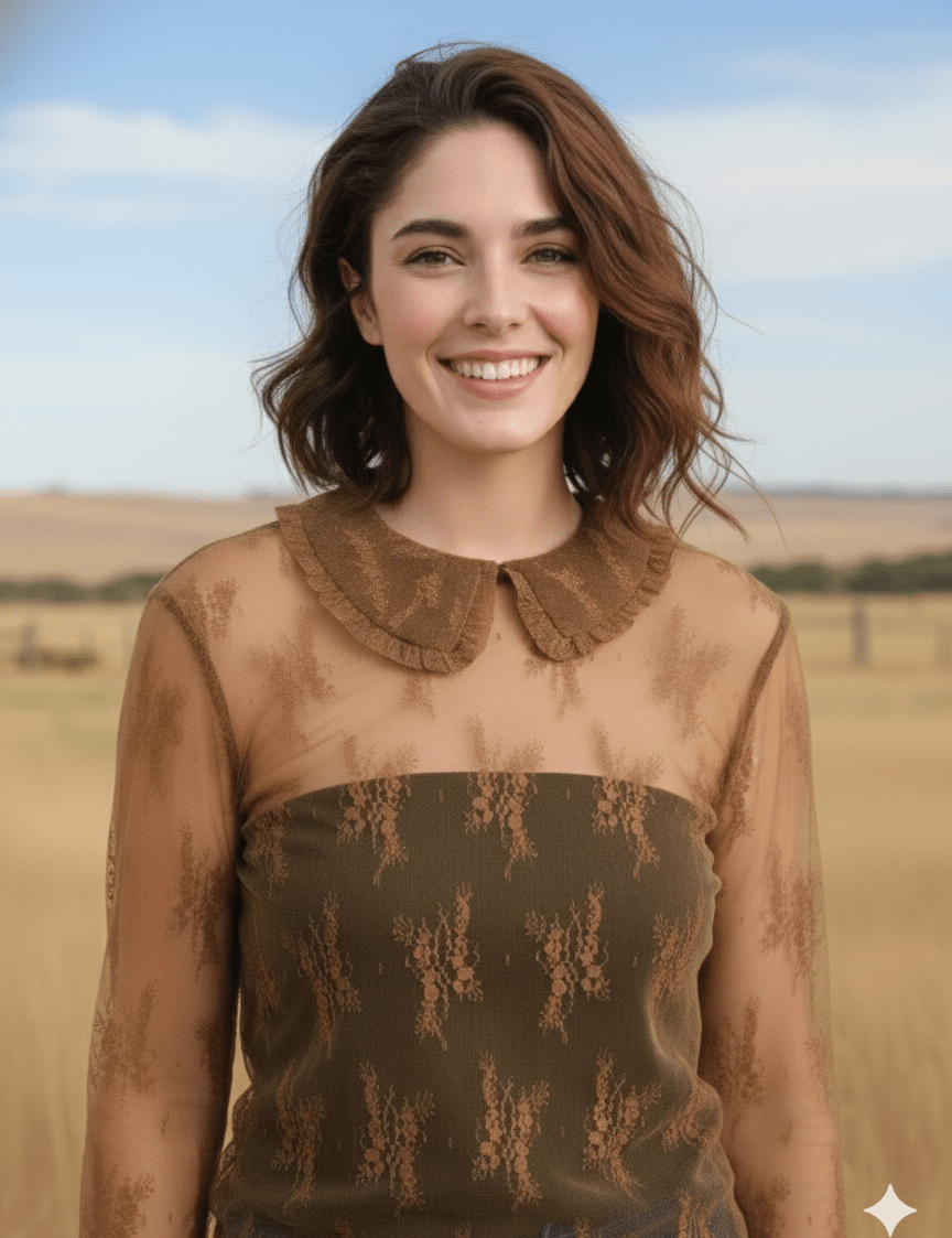 Lace Mesh Long Sleeve Brown Collared TopS