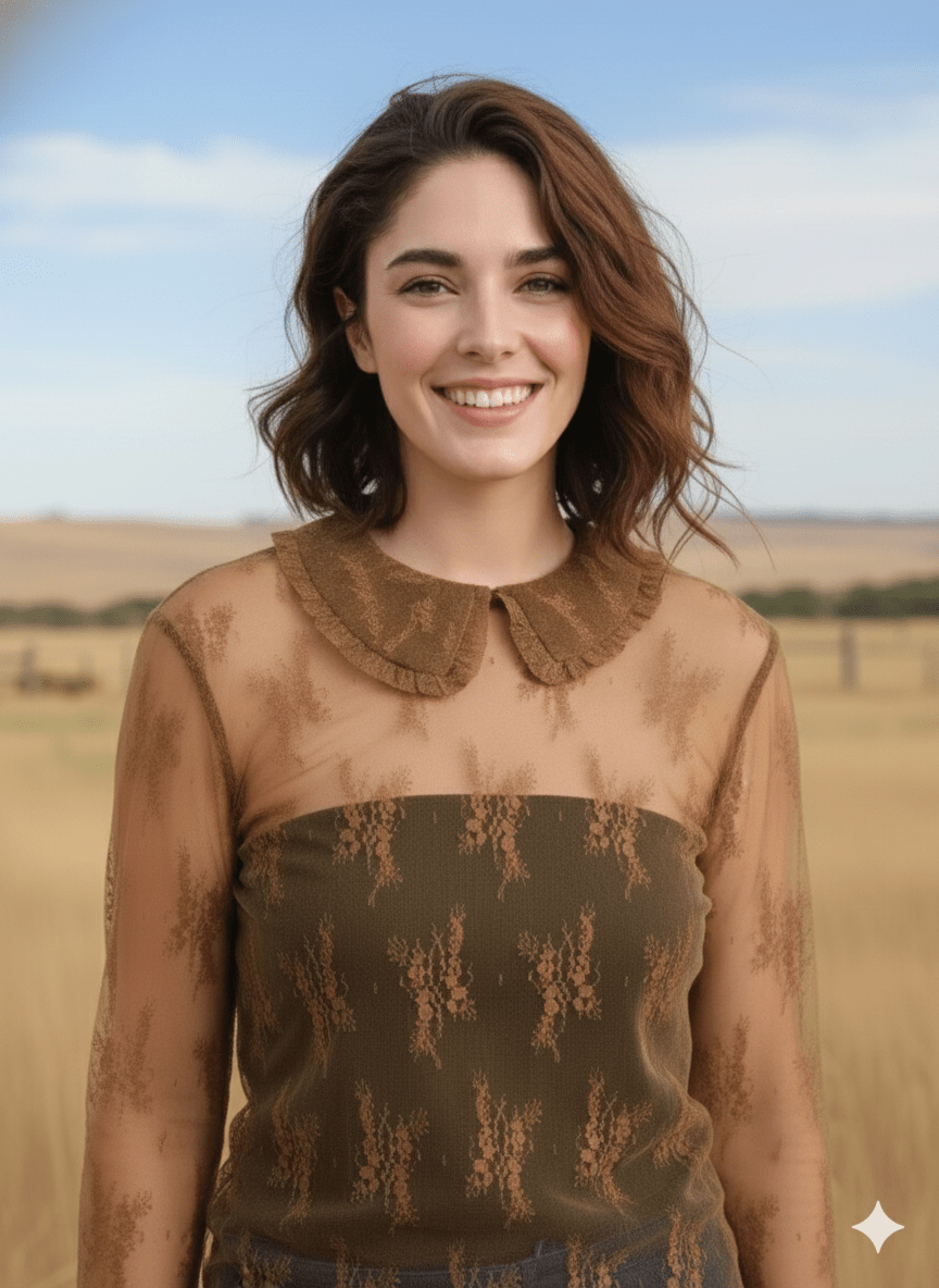 Lace Mesh Long Sleeve Brown Collared TopS