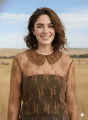 Lace Mesh Long Sleeve Brown Collared TopS