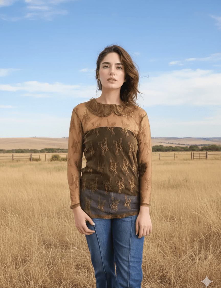 Lace Mesh Long Sleeve Brown Collared TopS